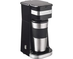 Koffiezetapparaat met thermosbeker voor gemalen filterkoffie - ideaal voor camping - 2 grote koppen - 750 Watt - rvs - zilver/zwart