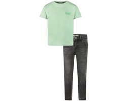 Koko Noko - Kledingset - Basic Collection - Bio Cotton - Dark grey jeans - Shirt korte mouw Faded green - Maat 134