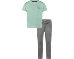 Koko Noko - Kledingset - Basic Collection - Bio Cotton - Grijze jeans - Shirt korte mouw faded green - Maat 128