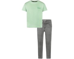Koko Noko - Kledingset - Basic Collection - Bio Cotton - Grijze jeans - Shirt korte mouw light blue - Maat 128