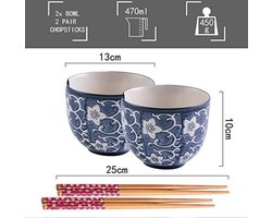 Kom Set van 2-5,1 inch Porseleinen Ramen Granen Noedelkom, 470 ml Japanse stijl Bowl Set, met 2 paar bamboe eetstokjes, bedrukt met Chinese karakters voor zegen