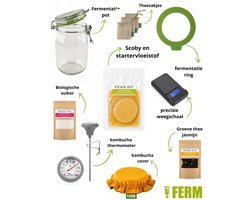 Kombucha premium fermentatie kit met okergele cover- compleet fermentatiepakket - zelf kombucha maken - kombucha starterspakket - kombucha scoby - fermentatie set - kombucha start pakket