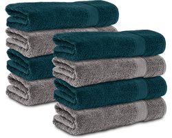 Komfortec 8x Handdoek 70x140 - 100% Katoen – Handdoekenset - Zacht -Antraciet/Petroleumblauw