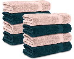 Komfortec 8x Handdoek 70x140 - 100% Katoen – Handdoekenset - Zacht - Petroleumblauw&Roze
