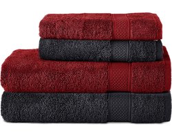 Komfortec Handdoekenset – Set van 4 - 2x Handdoek 50x100 cm en 2x Badhanddoek 70x140 cm - 100% Katoen - Zwart&Rood