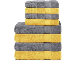 Komfortec Handdoekenset – Set van 8 - 4x Handdoek 50x100 cm en 4x Badhanddoek 70x140 cm - 100% Katoen - Antraciet&Geel