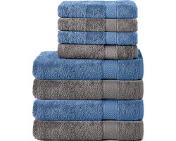 Komfortec Handdoekenset – Set van 8 - 4x Handdoek 50x100 cm en 4x Badhanddoek 70x140 cm - 100% Katoen - Antraciet&Lichtblauw