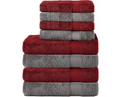 Komfortec Handdoekenset – Set van 8 - 4x Handdoek 50x100 cm en 4x Badhanddoek 70x140 cm - 100% Katoen - Antraciet&Rood