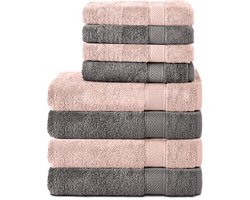 Komfortec Handdoekenset – Set van 8 - 4x Handdoek 50x100 cm en 4x Badhanddoek 70x140 cm - 100% Katoen - Antraciet&Roze
