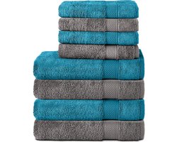 Komfortec Handdoekenset – Set van 8 - 4x Handdoek 50x100 cm en 4x Badhanddoek 70x140 cm - 100% Katoen - Turquoise&Antraciet