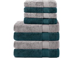 Komfortec Handdoekenset – Set van 8 - 4x Handdoek 50x100 cm en 4x Badhanddoek 70x140 cm - 100% Katoen - Zilvergrijs&Petrolemblauw