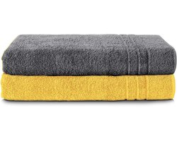 Komfortec Set van 2 Handdoeken 80x200 cm - 100% Katoen - XXL Saunahanddoeken - Badlaken - Strandlaken - Badhanddoek- Douchelaken - Zacht - Hoge Absorptie - Sneldrogend - Antraciet&Geel