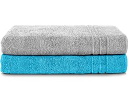 Komfortec Set van 2 Handdoeken 80x200 cm - 100% Katoen - XXL Saunahanddoeken - Badlaken - Strandlaken - Badhanddoek- Douchelaken - Zacht - Hoge Absorptie - Sneldrogend - Zilvergrijs&Turquoise.