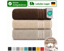 Komfortec Set van 3 Badhanddoek 100x200 cm van 100% Katoen, XXL Saunahanddoek, Grote Douchehanddoek, Zacht & Absorberend, Beige&Bruin&Steen