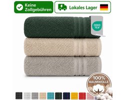 Komfortec Set van 3 Badhanddoek 100x200 cm van 100% Katoen, XXL Saunahanddoek, Grote Douchehanddoek, Zacht & Absorberend, Beige&Donkergroen&Steen