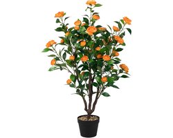 KOMFOTTEU 102 cm kunstmatige cameliaboom, kunstplanten in pot met natuurlijke bladeren en camelia, kunstplant voor binnen en buiten
