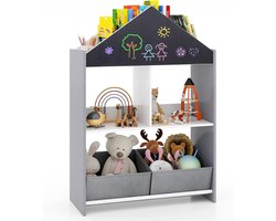 KOMFOTTEU 2-in-1 kinderboekenkast, speelgoedrek met bord, 4 bovenste vakken, 2 open vakken en 2 stoffen boxen, anti-kantelkits, staand rek, opbergrek voor speelkamer en kinderkamer (grijs)