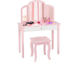 KOMFOTTEU 2-in-1 kindermake-uptafel/bureau - kaptafel en stoel, make-uptafel met afneembare 3-voudige spiegel en lade, gevoerde kruk, van hout - voor kinderkamer