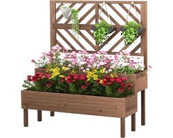 KOMFOTTEU 2-in-1 verhoogde plantenbak met houten latwerk, 2 lagen voor klimplanten, bloembak met afwateringsgat voor groenten, fruit, kruiden, bloemen, voor patio, balkon, terras (bruin)