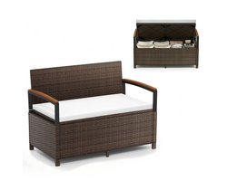 KOMFOTTEU 2-zits tuinbank met kussens, loungebank voor buiten, rotan, weerbestendig, met opbergruimte en armleuningen, tuinbank met een draagvermogen tot 360 kg voor tuin, terras en balkon, 120 x 61 x 84 cm