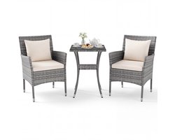 KOMFOTTEU 3-delig Tuinmeubelset - PE-rotan, balkonmeubelset incl. 2 stoelen met zitkussen en tuintafel - zitgroep voor 2 personen - loungeset voor balkon, terras, binnenplaats