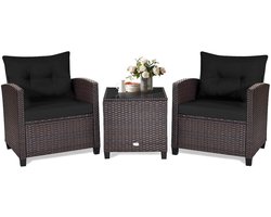 KOMFOTTEU 3-delige Balkonmeubels, rotan tuinzitgroep met salontafel en 2 stoelen, balkontafel met glasplaat, tuinloungeset met kussens, tuinmeubelset voor terras balkon