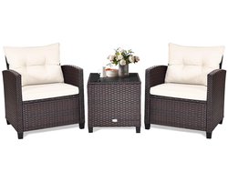 KOMFOTTEU 3-delige Balkonmeubels, rotan tuinzitgroep met salontafel en 2 stoelen, balkontafel met glasplaat, tuinloungeset met kussens, tuinmeubelset voor terras balkon