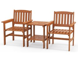 KOMFOTTEU 3-delige meubelset van hout, set met 2 stoelen en tafel met gat voor parasols, conversatieset met rugleuning en armleuningen, voor terras, balkon