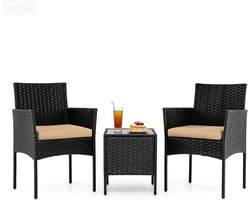 KOMFOTTEU 3-delige Tuinmeubelset, balkonmeubelset, PP-rotan met afneembare kussens, loungeset met 2 stoelen en tafel, zitgroep voor tuin, terras, balkon, binnenplaats