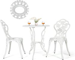 KOMFOTTEU 3-delige tuinmeubelset, tuintafel met 2 tuinstoelen, weerbestendige bistroset van aluminium, zitgarnituur met rozenpatroon voor balkon, tuin, terras (wit)