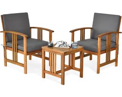 KOMFOTTEU 3-delige tuinmeubelset voor 2 personen, balkonset van acaciahout, tuinmeubels met kussens, 1 tafel & 2 fauteuils, zitgroep voor tuin, terras, woonkamer