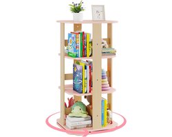 KOMFOTTEU 3-laags kinderboekenkast, 360° draaibare plank met 12 vakken, houten opbergrek voor kinderkamer, speelkamer, roze
