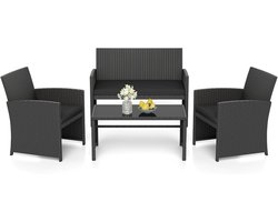 KOMFOTTEU 4-delig Tuinmeubelset voor buiten, polyrotan, 2-zitsbank, 2 stoelen, salontafel met glasplaat, voor 4 personen, tuinmeubelen voor terras, terras, zwart