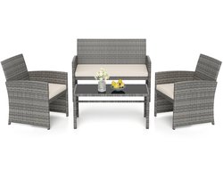 KOMFOTTEU 4-delige tuinset, buitenmeubelen van PP-rotan voor balkon met salontafel van gehard glas, 2-zitsbank, 2 fauteuils, kussens, balkonbank voor terras, balkon, tuin