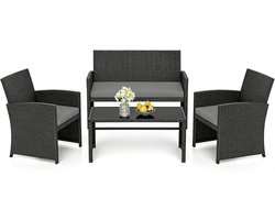 KOMFOTTEU 4-delige tuinset, buitenmeubelen van rotan voor balkon met salontafel van gehard glas, 2-zitsbank, 2 fauteuils, kussens, balkonbank voor terras, balkon, tuin