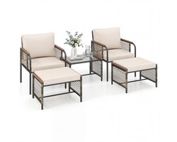 KOMFOTTEU 5-delig Tuinmeubelset voor buiten, met kussens, tuinmeubelen van rotan met 1 salontafel van gehard glas, 2 stoelen en 2 voetenbankjes, voor balkon, terras, patio