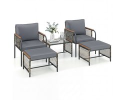 KOMFOTTEU 5-delig Tuinmeubelset voor buiten, met kussens, tuinmeubelen van rotan met 1 salontafel van gehard glas, 2 stoelen en 2 voetenbankjes, voor balkon, terras, patio