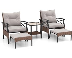 KOMFOTTEU 5-delige tuinset van PE-rotan, bestaande uit 2 stoelen met kussens en 2 voetenbankjes, een glazen salontafel met plank en een stoel, voor terras