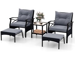 KOMFOTTEU 5-delige tuinset van PE-rotan, bestaande uit 2 stoelen met kussens en 2 voetenbankjes, een glazen salontafel met plank en een stoel, voor terras