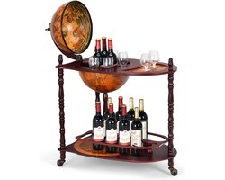 KOMFOTTEU Bar Globe Wijnrek met wielen, 2-traps flessenhouder, houten barwagen, minibar voor dranken, restaurant, feest, bruin, 70 x 45 x 88 cm