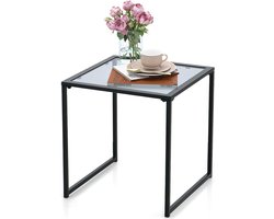 KOMFOTTEU Bijzettafel voor buiten met tafelblad van gehard glas, salontafel, metalen frame, draagvermogen 30 kg, zijtafel voor terras, balkon, woonkamer, 43 x 43 x 45 cm, zwart