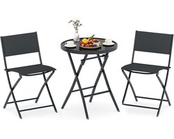 KOMFOTTEU Bistroset, 3-delig, inklapbaar, tuinset van textiel met metalen frame, tafel van gehard glas en 2 stoelen, eettafelset voor balkon, Tereza