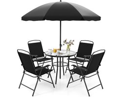 KOMFOTTEU Bistroset, 6-delige tuinset met parasol, tafel en 4 klapstoelen, set van tafel en stoelen, voor buiten, terrasset, zwembadrand, zwart