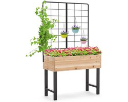 KOMFOTTEU Bloembak met klimrek, verhoogde plantenbak voor klimplanten, verhoogde kweekbak met drainagespleet, houten plantenbak, plantenbak kruidenbak tuinbak 79 x 35 x 138 cm