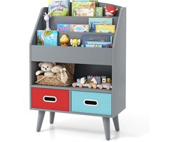 KOMFOTTEU Boekenkast voor kinderen, kinderrek met 3 verdiepingen, open vak, 2 opvouwbare laden en kantelbeveiligingssets, speelgoedrek voor kinderkamer, speelkamer, kleuterschool (grijs)