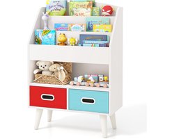 KOMFOTTEU Boekenkast voor kinderen, kinderrek met 3 verdiepingen, open vak, 2 opvouwbare laden en kantelbeveiligingssets, speelgoedrek voor kinderkamer, speelkamer, kleuterschool (wit)