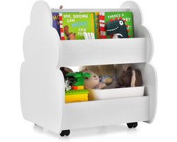 KOMFOTTEU Boekenkast voor kinderen met wielen, staand rek van hout, grenenhouten haken en boomvormig uiterlijk, 2-traps speelgoedrek voor speelkamer, kinderkamer en kleuterschool (wit)