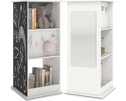 KOMFOTTEU Draaibare kinderboekenkast, 3 planken met 2 grote vakken, 8 haken, schoolbord en spiegel, opbergmeubel voor kinderen voor de woonkamer of slaapkamer, 47 x 47 x 104,5 cm