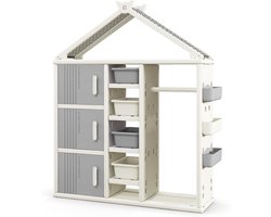 KOMFOTTEU Grote kledingkast voor kinderen, opbergmeubel voor kinderen in de vorm van een huis, met kledingstang, 5 planken, 3 in hoogte verstelbare manden, 123 x 34 x 156 cm (grijs)