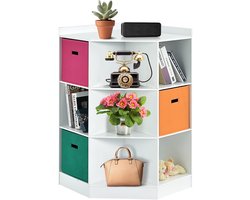 KOMFOTTEU Hoekkast met 9 vakken, 3 stoffen laden, MDF, bakplaten, ruimtebesparend design, eenvoudige montage, bijzetkast voor woonkamer, werkkamer, kinderkamer, slaapkamer (wit)